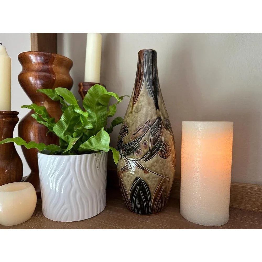 Vintage Otagiri OMC Japan Pottery Vase Abstract Bird Flower Design